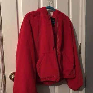 red fluffy jacket